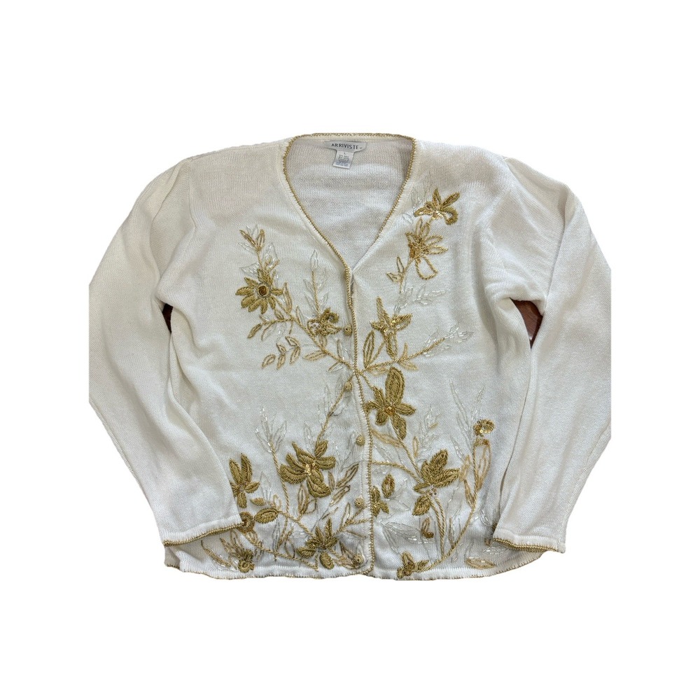 Vtg 90s Ivory Cardigan Sz L Beaded Gold Floral Boho Cottagecore Grandma Grunge